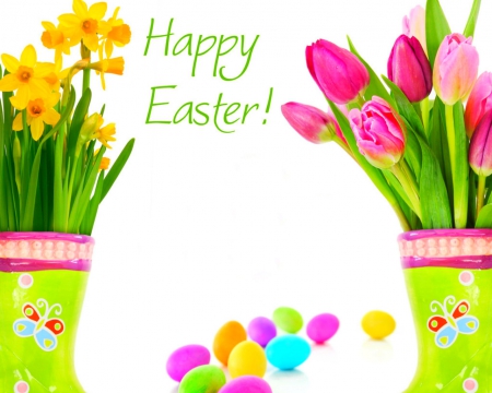 Happy Easter - easter, flowers, eggs, tulips