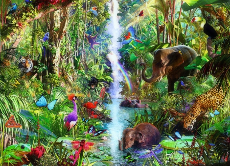 â˜…In the Jungleâ˜… - monkeys, trees, animals, waterfall, creative pre-made, tigers, painting, dragonfly, artwork, paintings, butterflies, wildlife, forests, summer, tropical, cheetah, crane, toucans, love four seasons, elephants, jungle, leopards, parrots, butterfly designs, flowers, tiger