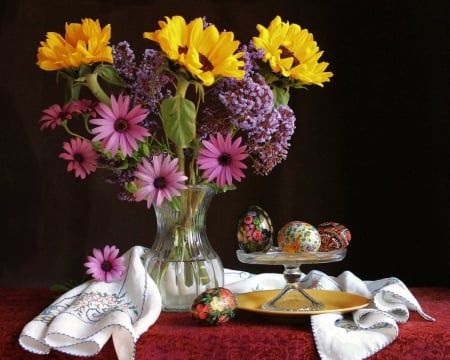 Still life - eggs, cloth, easter, flowers, still life