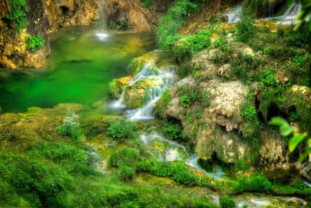 Plitvice lakes - quiet, cascades, grass, forest, calmness, Plitvice, view, Croatia, lake, emerald, greenery, water, beautiful, lovely, stones, nature, waterfall, rocks