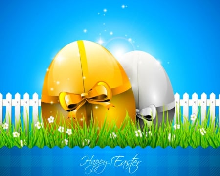 Easter Eggs - easter, ribbon, eggs, grass