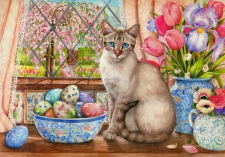 Siamese and the eggs - tulips, easter, colorful, siamese, spring, painting, eggs, view, home, art, window, blossoms, holiday, tree, house, cute, cat, vase, beautiful, flowers