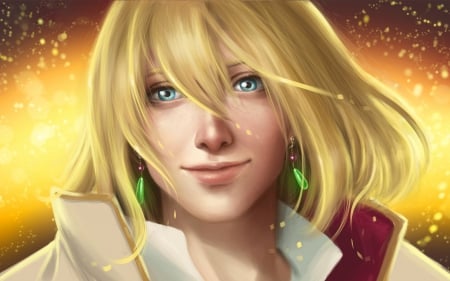 Howl - howl s moving castle, blue eyes, blond, fantasy, earrings, face, art, man, boy, green