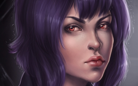 Motoko Kusanagi - Ghost in the Shell, Motoko Kusanagi, girl, red eyes, fantasy, purple, woman, face, art