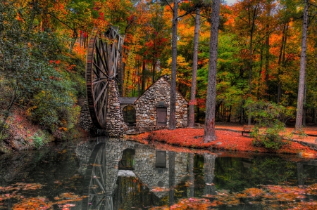 Old Water Mill - water, nature, stones, leaves