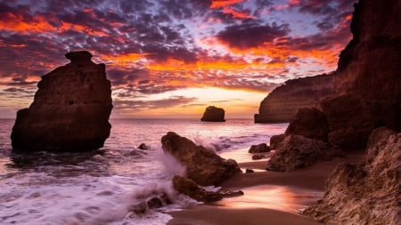 fabulous rocky beach at sunset - rocks, clouds, beach, sunset, sea, waves