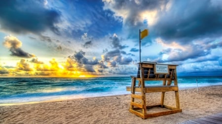 lifeguard stand at sunrise hdr - beach, lifeguard, clouds, hdr, sea, sunrise, stand, waves