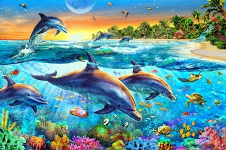 Ocean Life - dolphins, coral, palms, water, artwork, fish