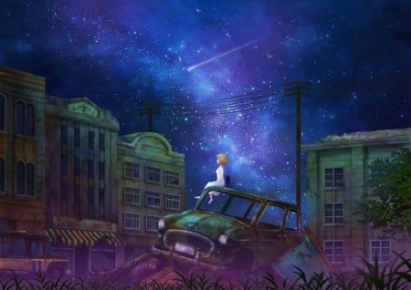 Old City - orginal, girl, city, night, stars, fantasy, old, little, sky