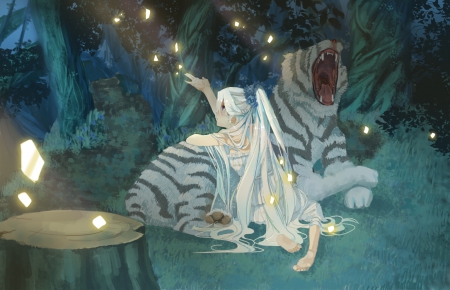 Enchanted Forest - forest, girl, magic, long hair, fantasy, tiger, orginal