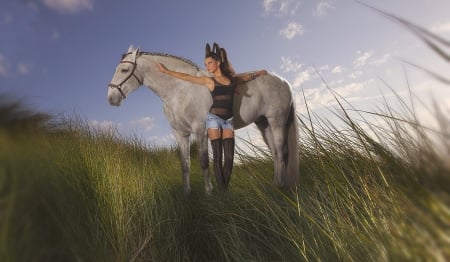 * - woman, field, horse, grass