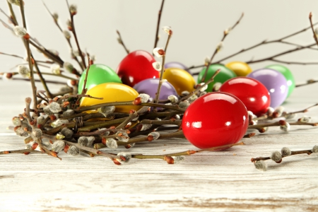 Easter - easter, happy easter, willow, spring, eggs, yellow, nest, red, egg, colors