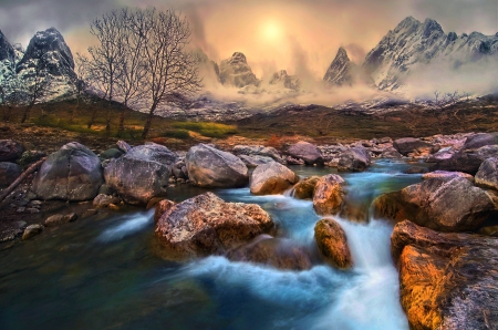 Change Of Seasons - snowy peaks, mountains, white, blue, river, beautiful, stones, grass, sunrise