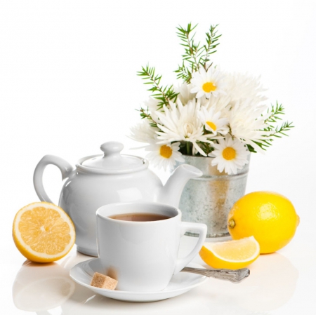 Still life - flowers, still life, lemon, teatime