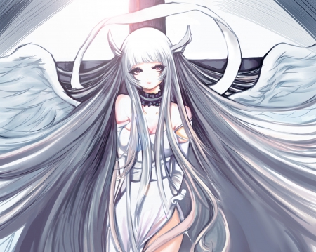 Tenshi - pretty, anime, female, wing, dress, angel, long hair, emotional, sorrow, nice, anime girl, serious, beautiful, girl, beauty, lovely, sweet, wings, silve hair