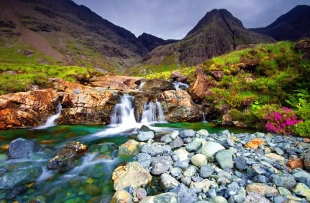 Mountain stream - cascades, mountain, hills, landscape, stream, summer, rocks, creek, nature, beautiful, flowers, stones, grass