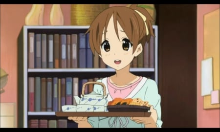 Have some Tea - pretty, anime, shelf, ui hirasawa, kawaii, female, book, food, long hair, happy, k-on, nice, hirasawa, ui, anime girl, kon, beautiful, hirasawa ui, girl, beauty, tea, lovely, brown hair, sweet, smile, tray, cute, snacks, cup