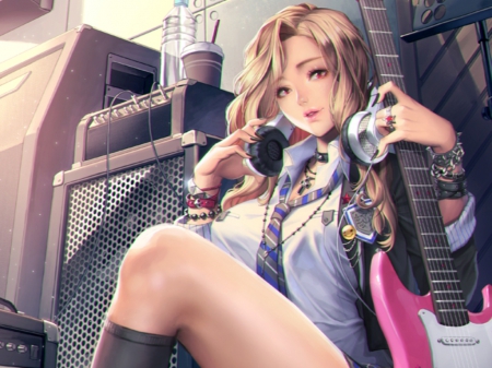 Headphones - pretty, female, maiden, long hair, home, guitar, headphones, nice, house, realistic, beautiful, hot, girl, beauty, lovely, sweet, lady, sexy