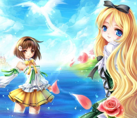 Wanna Join - flower, rose, blond hair, beautiful, blossom, blonde, anime girl, girl, blond, blonde hair, scenery, floral, cloud, pretty, short hair, beauty, sweet, brown hair, anime, hd, dress, sky, long hair, petals, nice, lovely, scene, female