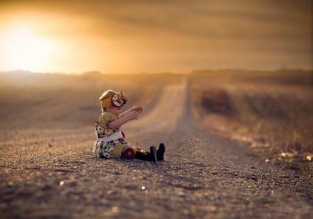 Sweetness - road, beauty, girl, little girl, sky, splendor, sunset, princess, nature