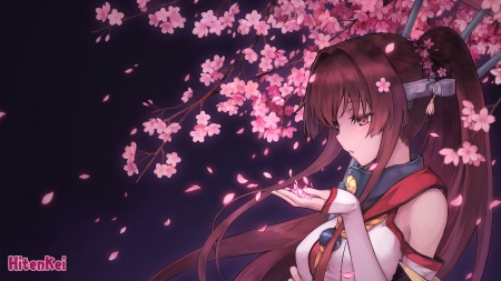 Night Sakura - beauty, nice, female, anime girl, kantai collection, cherry blossom, pretty, sakura blossom, anime, girl, long hair, kantai, lovely, sakura, floral, beautiful, blossom, sweet, flower