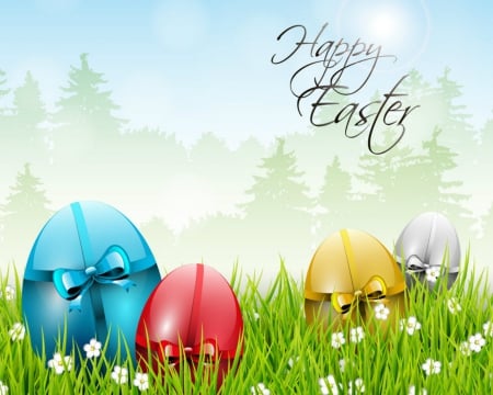 Happy Easter - easter, flowers, eggs, grass