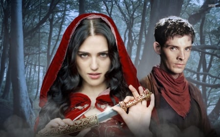 Morgana and Merlin - woman, actress, girl, merlin, tv series, katie mcgrath, fantasy, morgana, sorceress, colin morgan, man, red, wizard, sword