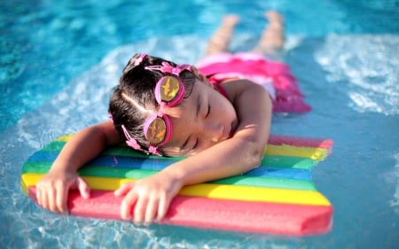 ♥ - water, rainbow, blue, girl, pink, child, glass, swim