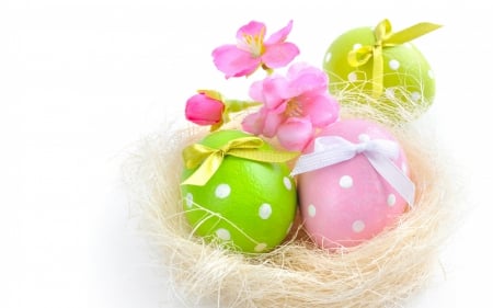 Happy easter! - easter, nest, green, egg, bow, flower, pink, dot