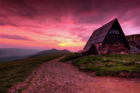 Country Road at Sunset - sky, clouds, house, sun, colors