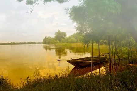 Golden Reflection - morning, lake, trees, sunset, boat, mist