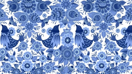 Blue Bird Floral Pattern - china, floral, design, pattern, flowers, birds