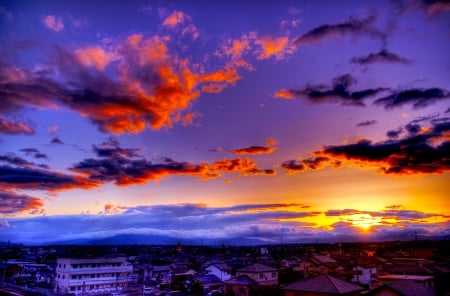 SUNSET CLOUDS - nature, sky, sunset, buildings