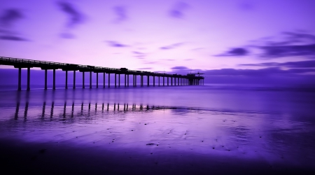 PIER - sky, ocean, purple, beach, pier, reflection, water, sunset