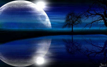 MOONLIGHT - moon, trees, reflection, blue, light, night, water