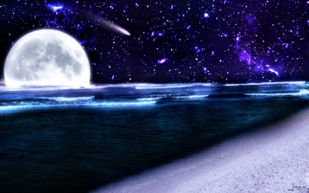 NIGHT SKY - MOON, BEACH, SKY, OCEAN, NIGHT, STARS