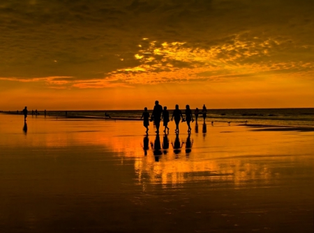 GOLDEN MIRROR - sky, ocean, beach, people, walking, sunset, reflection, golden, sand