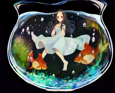 How Did I Get Here? - mimori unyu, fishbowl, brown eyes, long hair, water, sket dance, brown hair, underwater, pretty, fish, anime, dress