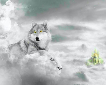 White wolf - white, wolf, animals, fantasy, clouds