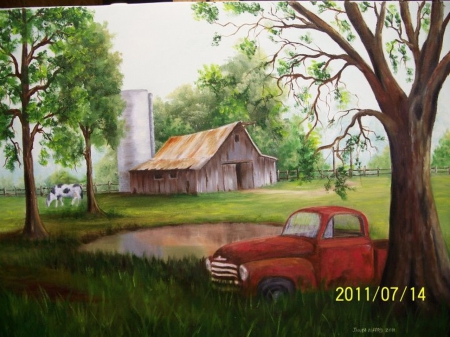 Painting of an old barn with an old pickup truck - pickup, pasture, barn, truck