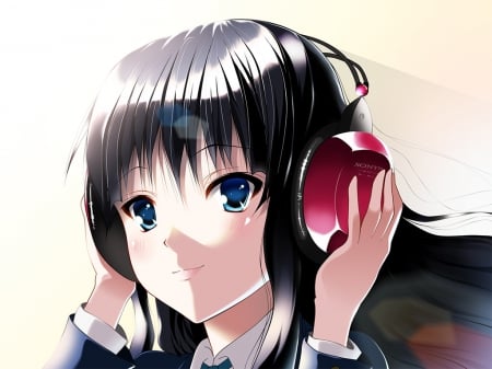 Headphones - nice, realistic, beauty, female, simple, anime girl, black hair, mio, pretty, k-on, mio akiyama, anime, girl, long hair, lovely, hd, beautiful, headphones, kon, sweet, akiyama mio