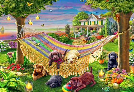 Puppies and butterflies - cottage, sky, sailboats, hammock, animals, water, countryside, spring, painting, river, artwork, dogs, house, garden, relax, butterflies, lake, summer, shore, village, rest, friends, puppies