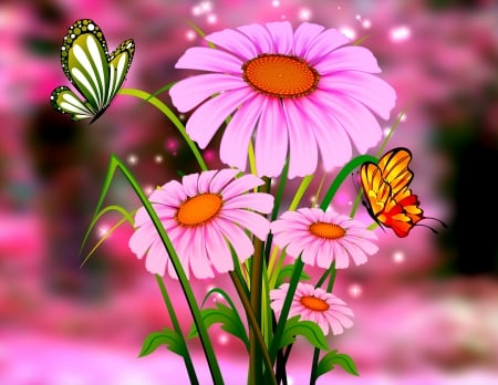 Pink flowers background - flowers, butterflies, photoshop, spring, background, freshness, pink, leaves