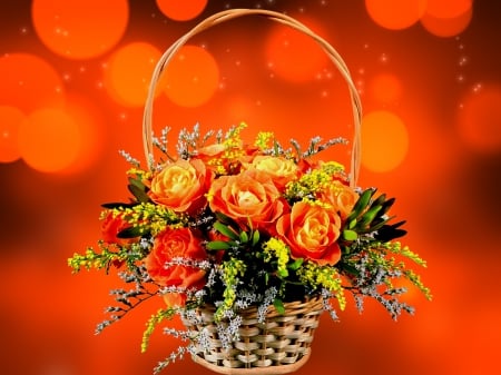 Basket with roses - flowers, roses, basket, scent, fragrance, photoshop, background, orange