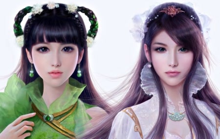 Oriental beauties - purple, beauty, girl, art, oriental, ruoxin zhang, fantasy, pendant, asian, couple, woman, green