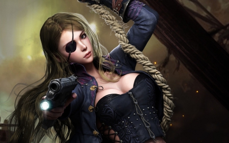 Pirate girl - woman, gun, rope, girl, eye, black, fantasy, game, pirate