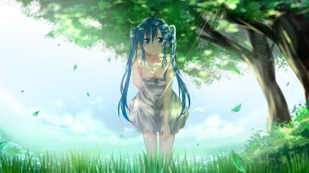 Summer Leaf - Vocaloid, Cute, Sweet, Green Tree, Hatsune Miku, Smile, Lovely, Green Eyes, Anime, White Clothes, Greenery, Peaceful, Blush, Leaves, Beautiful, Green Hair, Girl, Wonderful