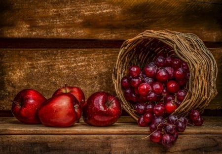 Fruits - apple, red, baskets, fruits, delicious, apples, brown, grape, fruit, basket, food, grapes