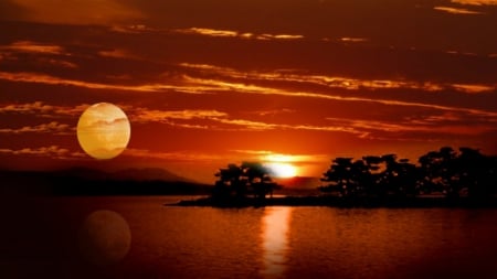 ~*~ Sun And Moon ~*~ - red sunset, sunset, full moon, sum and moon