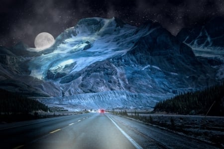 MOON OVER ICEFIELD - moon, ice, sky, stars, trees, snow, night, road